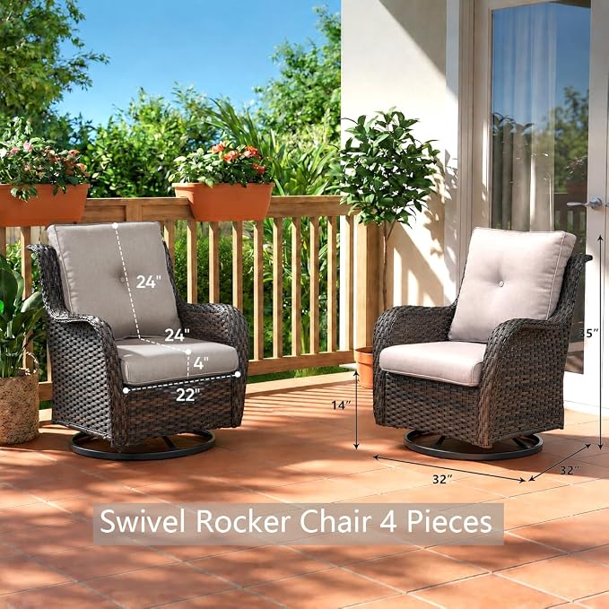 Rilyson Wicker Rocking Chair Swivel Chairs - 4 Piece Rocker Patio Chairs Set Rattan Rocking Chair for Outdoor Porch Deck Garden Backyard(Brown/Beige)