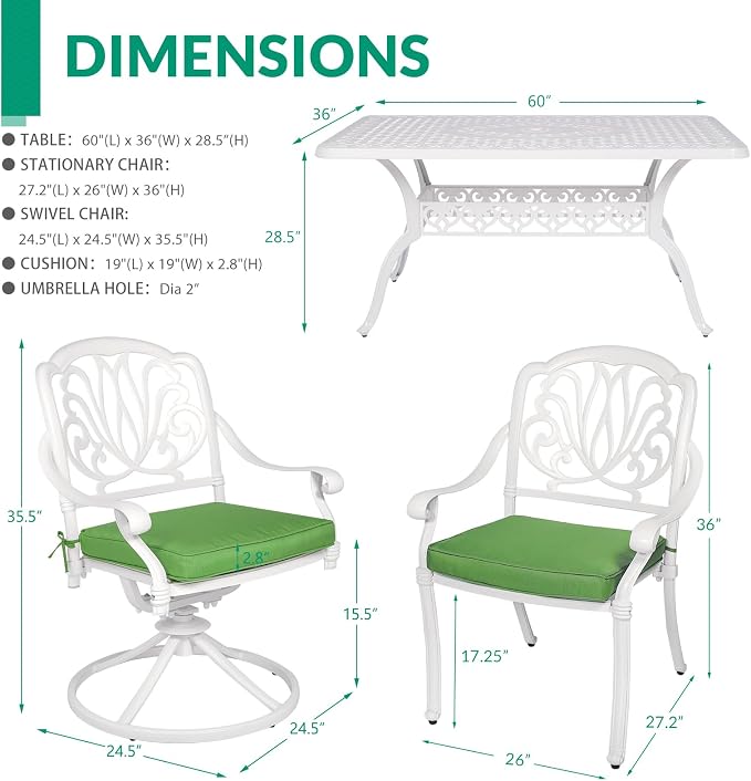 VIVIJASON 7-Piece Outdoor Furniture Dining Set, All-Weather Cast Aluminum Patio Conversation Set, Include 4 Stationary Chairs, 2 Swivel Dining Chairs and a Rectangle Table with Umbrella Hole, White