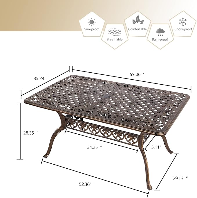 Grepatio Cast Aluminum Patio Dining Table Outdoor Large Rectangular Table, Metal Weather-Resistant Big Table with 2" Umbrella Hole for People Party Lawn Backyard Garden, Bronze, 59.06“x35.24"x28.35"