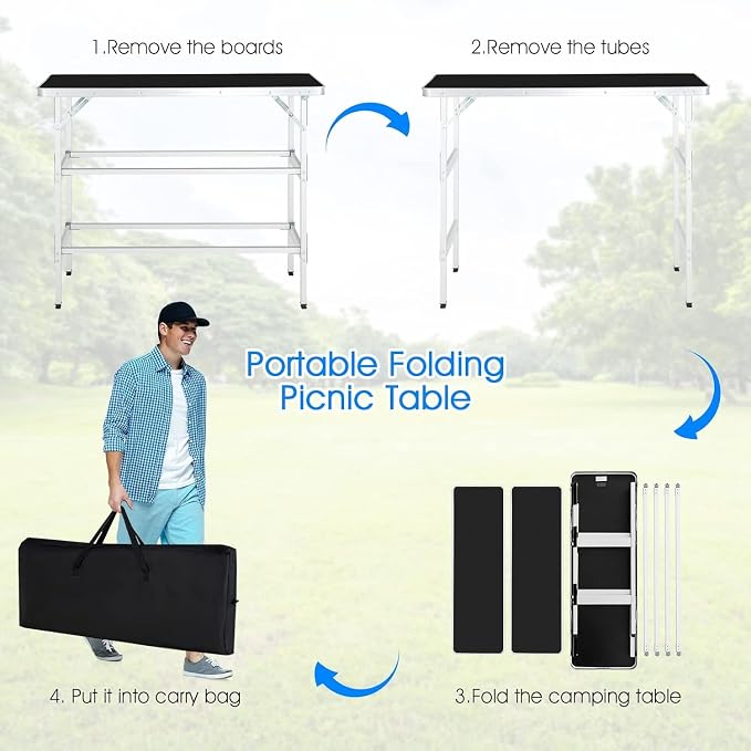 Goplus Folding Camping Table, Portable Pop-Up Bar Table with 2-Tier Storage Shelves, Removable Cloth Cover, Aluminum Foldable Camp Table for Picnic, Tailgate, Party, Travel, Outdoor