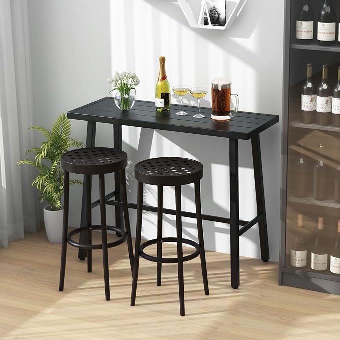 HAPPYGRILL Outdoor Bar Table Metal Frame Rectangle Dining Table Accommodates 4-6 People, Outdoor Bistro Table Patio Pub Table with Foot Pedal, Adjustable Foot Pads for Backyard, Porch, Deck
