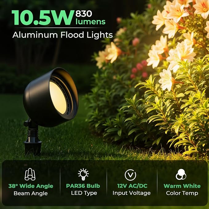 Low Voltage Landscape LED Flood Light, 12V Wide-Angle Outdoor Uplight for Bushes, Tree Canopy, Flagpole and Exterior Wall Washing with 10W 2700K PAR36 Bulb (2 Pack)
