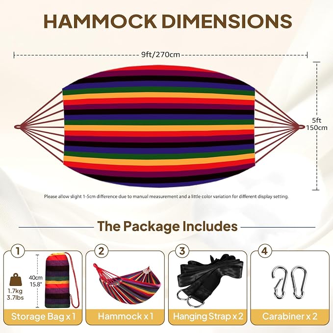 ANYOO Cotton Hammock Portable Camping Hammocks for Hanging Sturdy Garden Comfortable Fabric Hammock with Tree Straps Up to 660lbs with Travel Bag for Camping Outdoor/Indoor Patio Backyard