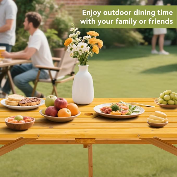 75" Rectangular Outdoor Picnic Table with Built-in Benches & Umbrella Hole,8-Person Heavy-Duty Solid Wood Dining Table,2220lb Capacity Natural for Camping, Garden & BBQ Social Events