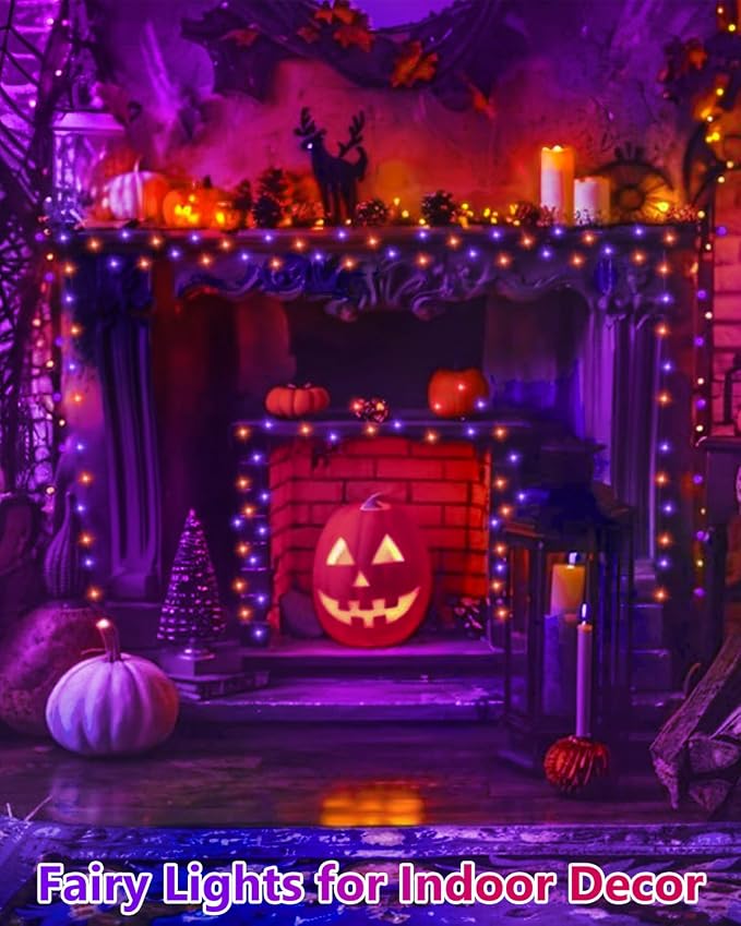 4Pack 60LED Fairy Lights Battery Operated Orange and Purple Halloween Decor | 20 FT, Halloween Lights with Timer, Cuttable Copper Wire, Waterproof Battery String Lights for Indoor Outdoor, Bedroom, Home