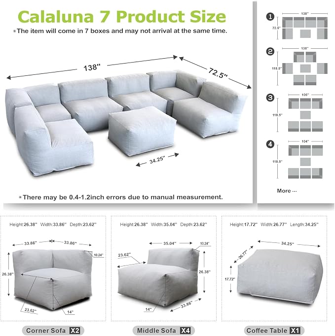Dineli ANNYH CALALUNA 7Pc Patio Garden Furniture Sectional Conversation Set.Combines 4Middle, 2Corner, 1Ottoman/Coffee Outdoor Exp Foam Filled Chairs. A Unique Modular Contemporary Sofa (Cloud Gray)