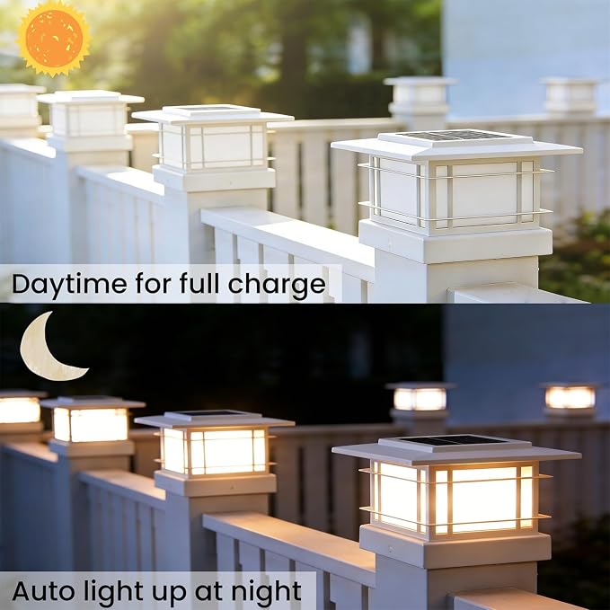 Dynaming 4x4 Solar Post Cap Lights Outdoor with 2 Color Modes, Fence Post Solar Lights White Shell Fit for Vinyl/Wooden Posts, High Brightness SMD LED Lighting Decor for Garden Deck Patio, 2 Pack