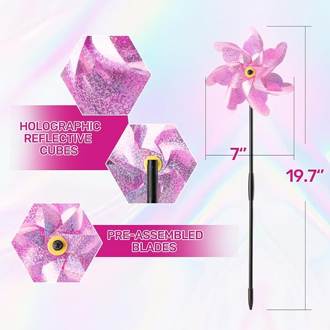 BATTIFE Preassembled Reflective Pinwheels for Yard & Garden, Pink, 10 Pack | Sparkly Reflective Material Spinner, Spins Best in Steady Wind, Animal-Deterrent Results Vary by Placement and Conditions