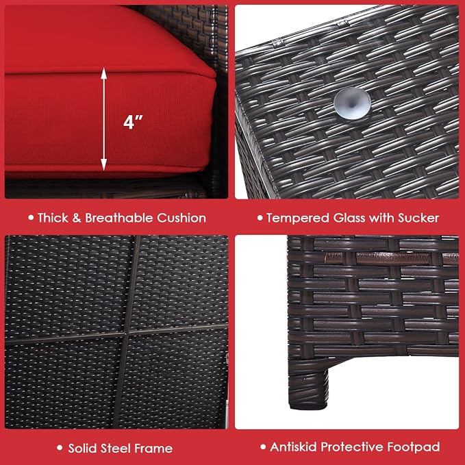 Tangkula 6 Pieces Patio Wicker Furniture Set with 32 Inches Propane Fire Pit Table and Tank Holder, Outdoor Conversation Set with Storage Box and Coffee Table (Red)