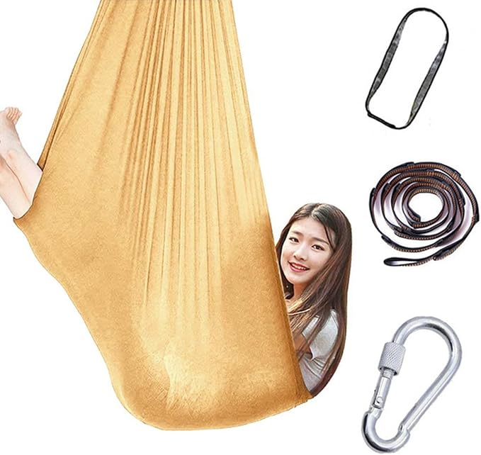 360° Rotating Elastic Aerial Yoga Hammock Outdoor Indoor Swings Aerial Yoga Sensory Therapy Cuddle Swing Soft Elastic Parcel Steady Seat Swing (Color : Gold, Size : 100x280cm)