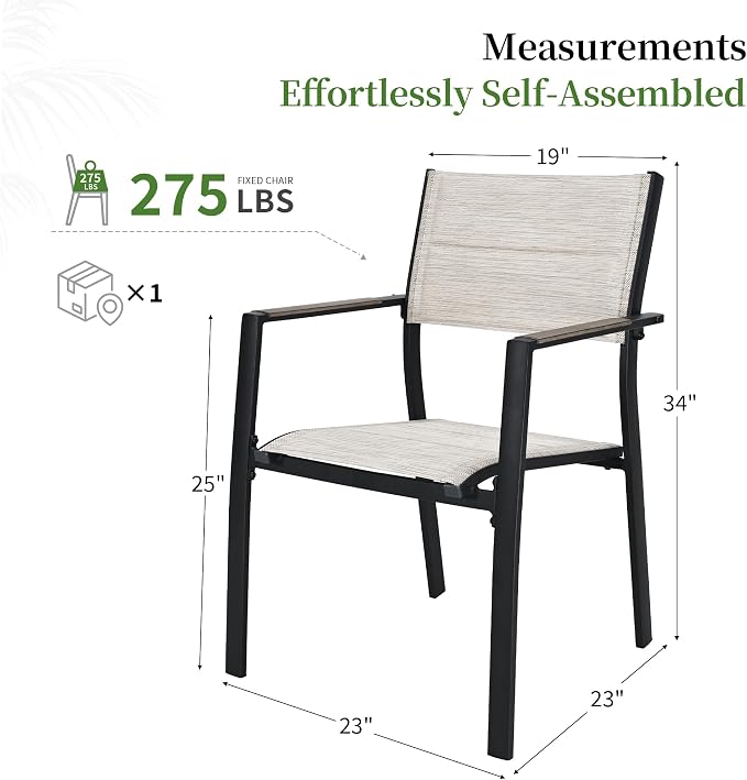 Outdoor Patio Dining Chairs Set of 4, Light Weight Aluminum Frame with Textilene Fabric & Wood-Like Armrest, 275 LBS Capacity, Outdoor Stackable Chairs for Poolside Lawn Garden, Grey Armrest