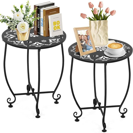 2 Pack Small Outdoor Side Tables for Patio, 14 Inch Metal Patio Side Table, Weather Resistant Steel Outdoor Round End Table for Patio Porch Garden Yard Balcony, Black (Flower)