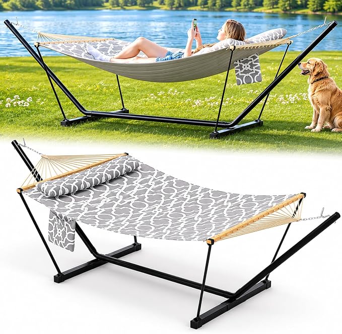 Heavy Duty Double Hammock with Stand, 450 LBS Capacity, Portable Frame