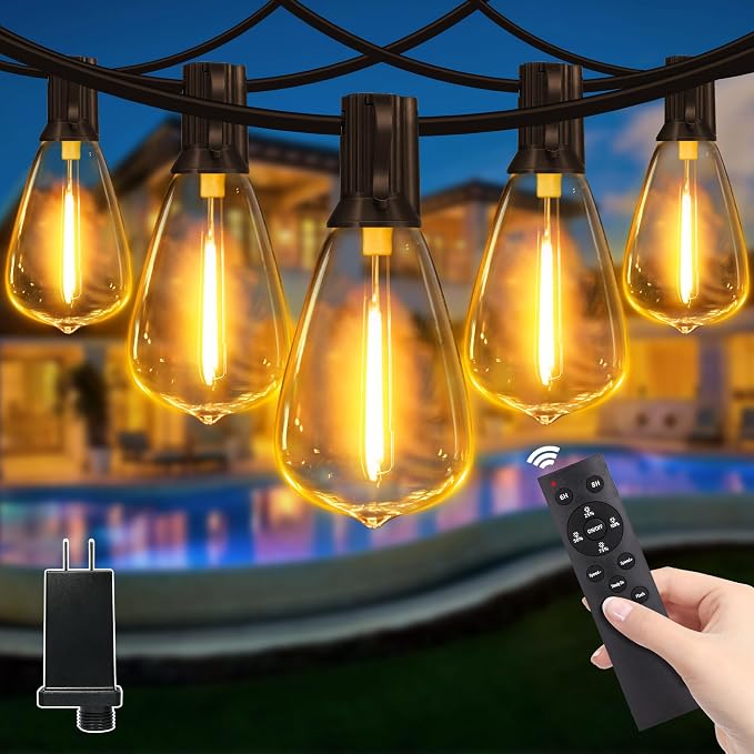Guhope Outdoor String Lights Dimmable with Remote, 100 FT Outdoor Lights with 2 Timer and 3 Mode, Waterproof & Shatterproof Patio Lights, 2200K Energy Saving String Lights 3 Spare Bulbs for Patio Yard