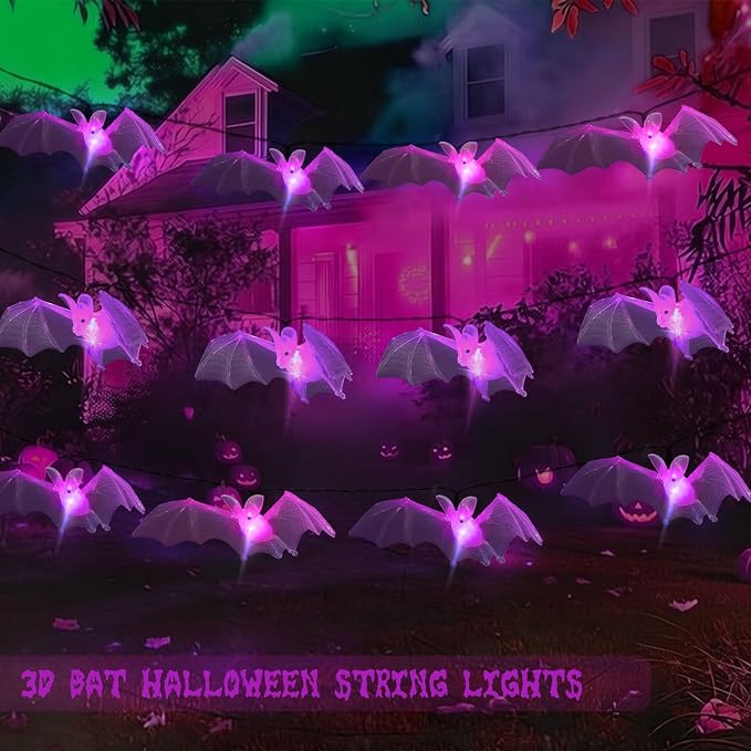 Halloween Decorations Outdoor 3D Flying Bats Solar String Lights | 15LED Bat String Lights, Halloween Garden Lights with 8 Lighting Modes, Light up Hanging Bats for Yard,Fence,Rail,Porch Decor
