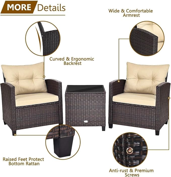 HOMGX 3 Pieces PE Rattan Wicker Patio Sofa Chairs, Outdoor Furniture Conversation Sets with Washable Cushion & Glass Table, Rattan Sofa Set for Balcony, Porch, Yard, Backyard, Lawn, (Mix Brown)