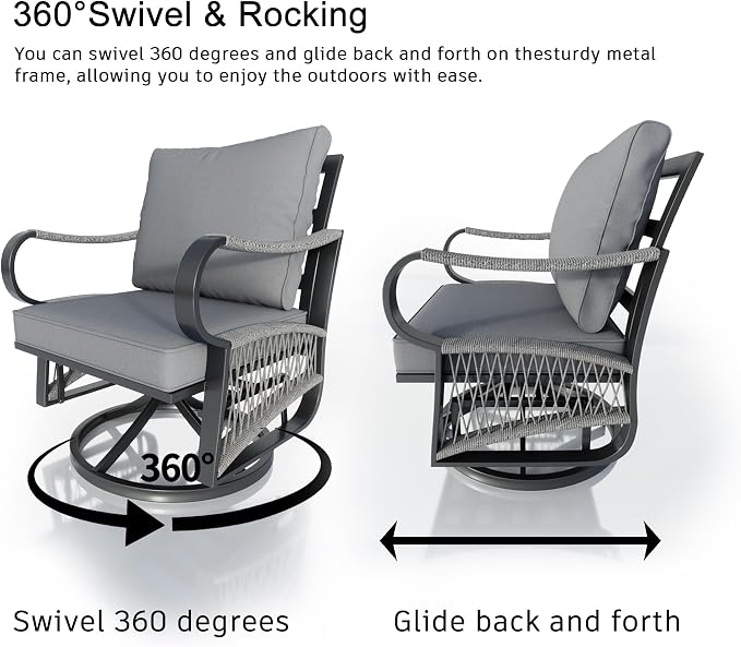 12 Pieces Patio Conversation Sets, All Weather Metal Outdoor Furniture Set 3-Seater 4 Swivel Rockers with 2 Side Tables 2 Single Chairs 1 Loveseat with Coffee Table and Fire Pit Table, Gray