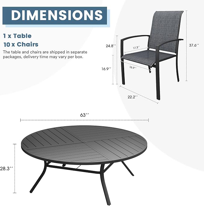 DIFY 11 Pieces Outdoor Dining Set, Metal Patio Table and Chairs Set for 10 with Umbrella Hole, 63" Round Dining Table and Textilene Stackable Patio Chairs for Garden Backyard Poolside, Black