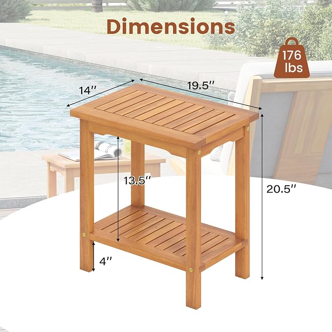 HAPPYGRILL Acacia Wood Patio Side Table, 2-Tier Accent Table with Slatted Tabletop & Storage Shelf, Wooden End Table for Living Room Poolside Balcony Porch (2)
