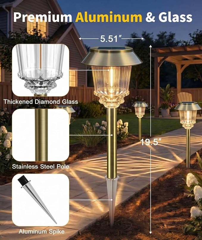 XMCOSY+ Solar Pathway Lights Outdoor, 4 Pack Solar Garden Landscape Lights | 40 LM Adjustable Brightness for 8-12H, Aluminum & Glass Solar Powered, IP65 Outdoor Solar Lights For Yard Landscape Lighting