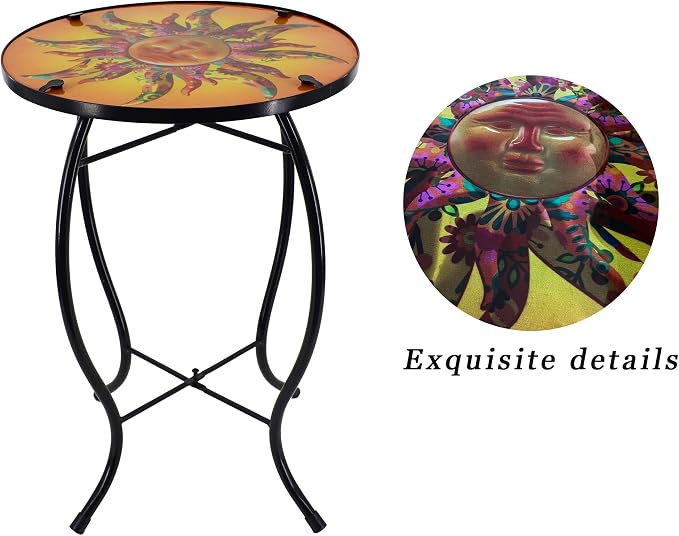 13.5 Inch Round The Sun Glass Side Table, Patio Small Table, Outdoor Side Table, Outdoor Bar Table, Metal Glass End Table for Porch Garden Patio Pool Living Room