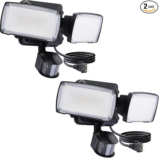 LUTEC 2 Pack 21W Plug in Motion Sensor Light Outdoor, Flood Lights Outdoor Motion Sensor,2500LM, 5000K Daylight,IP65 Waterproof,Adjustable 2 Heads Wall Light for Garage, Porch, Yard - Black
