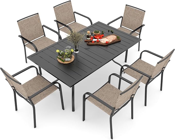 Patio Dining Set of 7 with Beige Gray Stackable Chairs, 63" Rectangle Table | 6 Psc Stackable Chairs, Textilene Seat&Back, Metal Table, Slat Table Top, 6 Person Use, 1.57"-1.9" Umbrella Hole, All Weather
