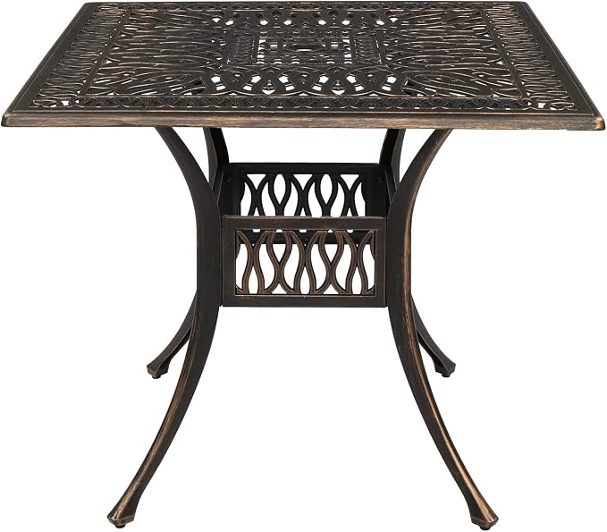 VINGLI Patio Dining Table with Umbrella Hole, Cast Aluminum Outdoor Bistro Furniture for Garden (35.4" Lx35.4 Wx29.5 H)