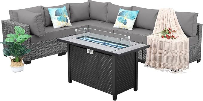 Lviden 7 Pieces Wicker Patio Furniture Set Rattan Outdoor Sectional Conversation Sofa Set with Fire Pit Table Non-Slip Cushions and Furniture Cover, Light Grey