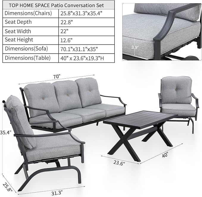 Patio Conversation Set 4 Pieces Metal Outdoor Furniture Sets Outside 3-Seat Sofa with Rocking Chairs Coffee Table (Grey)