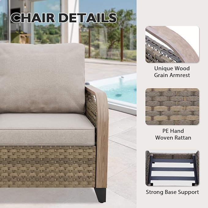 EAGLE PEAK Modern Wicker Outdoor Patio Furniture Set, Patio Conversation Set, a 2-Seat Loveseat and 2 Ottomans, 3 Pieces, Brown/Gray