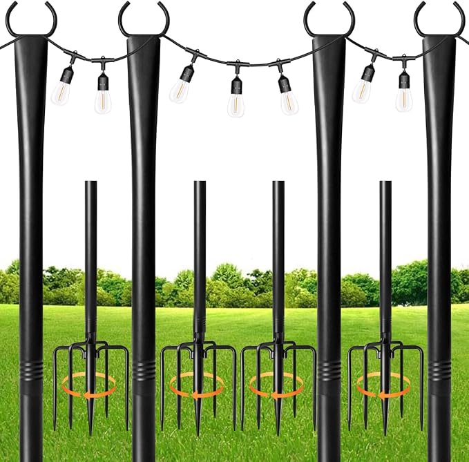 MuliVid 4 Pack String Light Poles for Outdoor,Metal Light Hanging Pole Outside with Fork,Light Stand for Patio, Pergola, Garden, Backyard, Yard, Camping Party (4 Pack)