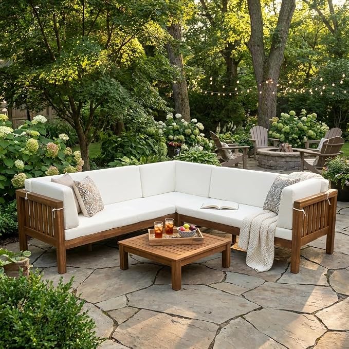 Acacia Wood Outdoor Sectional Sofa Set, 4-Piece L-Shaped Patio Furniture with Cushions, Double-Length Benches, Corner Seat & Coffee Table, Weather-Resistant Indoor/Outdoor - Farmhouse Scandinavian