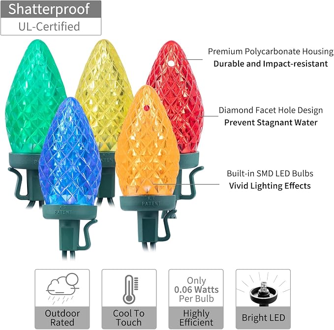 Brightown C9 Christmas String Lights Multicolor, 66ft 100 LED Faceted Christmas Lights on Green Wire, Plug-in Large Bulb Strawberry String Lights for House Roof Roofline Christmas Tree Party Outdoor
