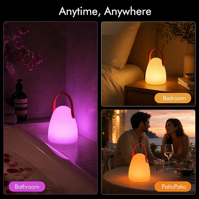 Set of 2 IP65 Waterproof Outdoor Rechargeable Table Lamps for Patio | RGBW Cordless Light, Cute Dimmable Ambient Portable Lantern for Garden, Camping, Balcony, Indoor Decor