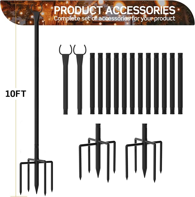 String Light Poles for Outside, 10ft Outdoor Poles for String Lights, Heavy Duty Stepped-in 5-Prong Base Light Pole for Backyard, Patio, Garden, Wedding & Party Decor (2 Pack)