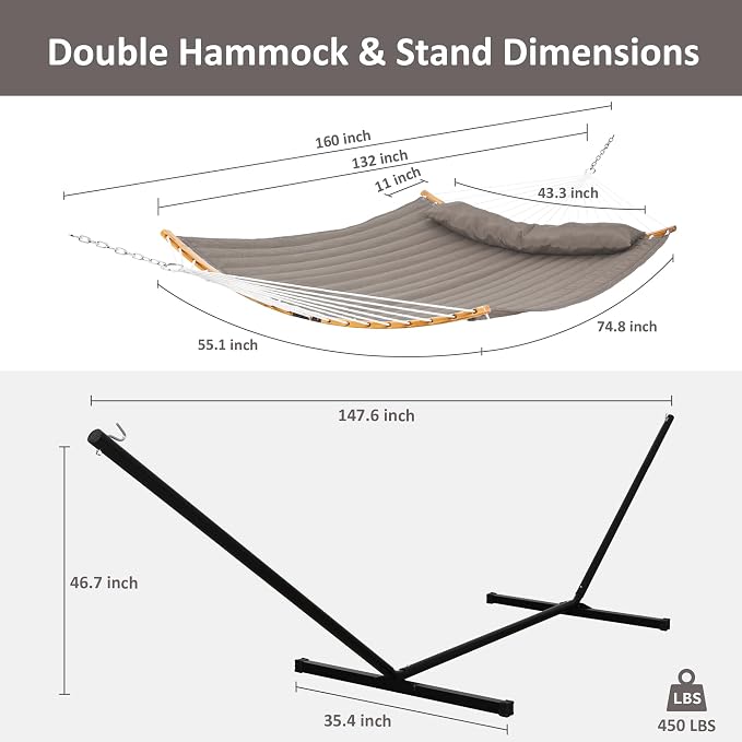 SUNCREAT Hammocks Portable Hammock with 12 Ft Stand, Double Hammock with Spreader Bar, Heavy Duty Hammock Storage Bag