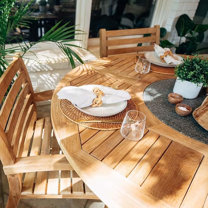 Ash & Ember Grade A Teak 59" Round Dining Table with Granite Lazy Susan, Turntable Rotating Tray Serving Plate, Slatted Surface with Umbrella Hole, Fits 4 People Comfortably, Weather-Resistant