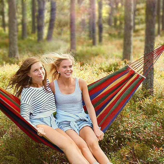 Portable 2 Person Hammock Colorful Stripe Hammocks Swing with Spreader Bar Carry Bag for Patio Lawn Garden Camping,Beach,Backyard, Outdoor Indoor (Red)(Cotton)