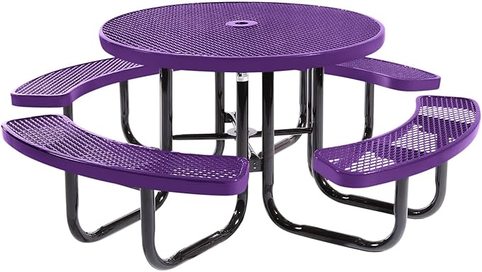 COATEDOUTDOORFURNITURE Heavy-Duty Portable Outdoor Picnic Table with Umbrella Hole, Expanded Metal Commercial-Grade Patio Dining Furniture Made in America (46" Round Top, Textured Purple)