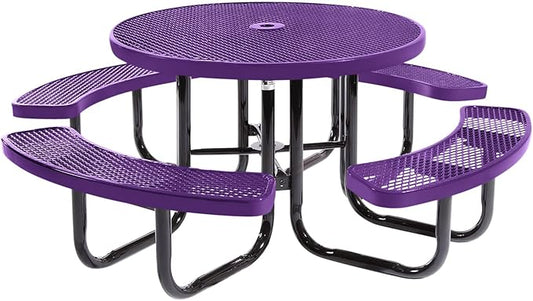COATEDOUTDOORFURNITURE Heavy-Duty Portable Outdoor Picnic Table with Umbrella Hole, Expanded Metal Commercial-Grade Patio Dining Furniture Made in America (46" Round Top, Textured Purple)