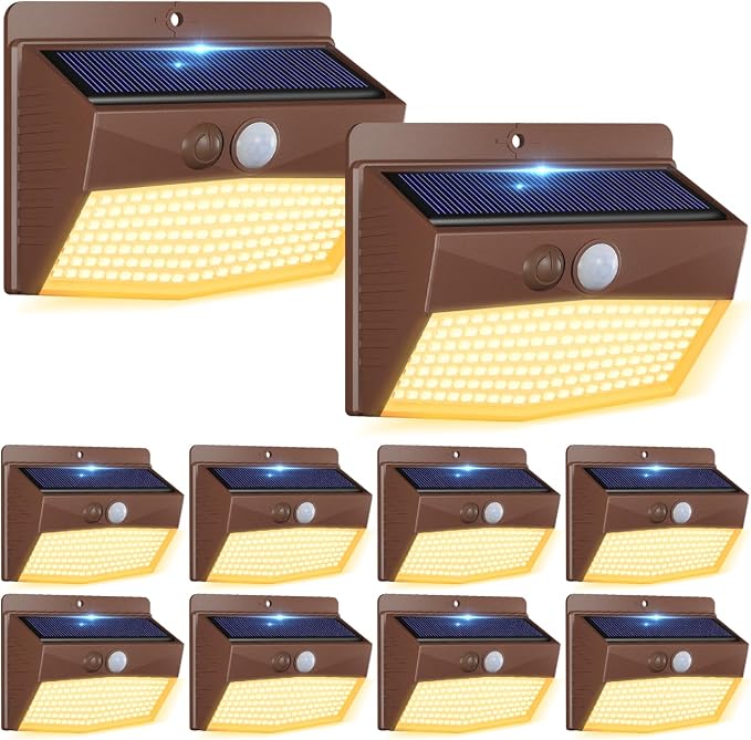 Solar Lights Outdoor Motion Sensor [10 Packs] Security Light with 3 Lighting Modes Wall Lights Waterproof Solar Powered Lights for Garden Fence Yard, Brown White