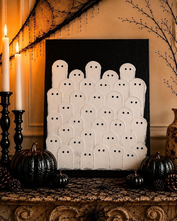 Kindlivery Halloween Decorations, Ghost Wall Art Hand Painted Painting, Unframed Spooky Ghost Artwork, Wall or Tabletop Display, Indoor Decor, For Home Mantel Shelf