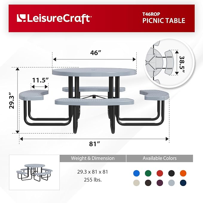 Leisure Craft Metal Picnic Table with Bench - 46" Round Outdoor Dining Table for 8 with Umbrella Hole, Weatherproof Heavy Duty Thermoplastic Coating, Commercial Grade Furniture Made in USA - Gray