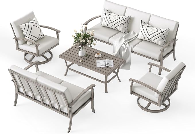 HAPPATIO 5 Piece Aluminum Patio Furniture Set, 7-Person Outdoor Swivel Chairs, Loveseat and 3-Seat Sofa, All-Weather Outdoor Sectional Sofa with Comfortable Cushions and Coffee Table(Gray)
