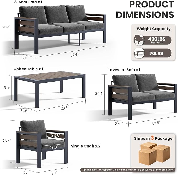 SUNYRISY Aluminum Outdoor Patio Furniture Set with Coffee Table, 5 Piece Metal Outdoor Modern Conversation Sets with Washable Cushions, Sectional Sofa Couch for Porch, Lawn, Deck, Backyard