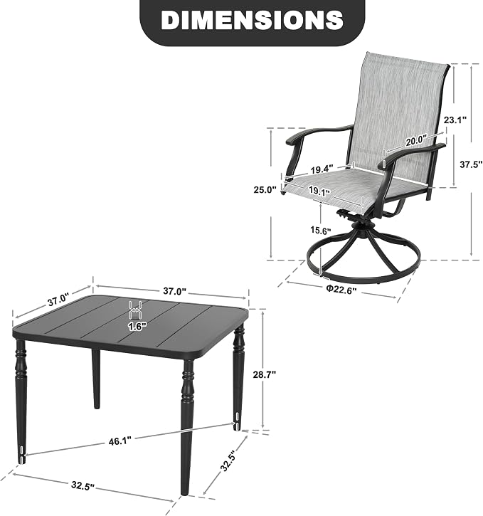 NUU GARDEN 5 Piece Patio Dining Set for 4, Swivel Chairs, Black | Square dining table with umbrella hole and 4 Textilene swivel chairs featuring ergonomic high backs and durable steel frames.