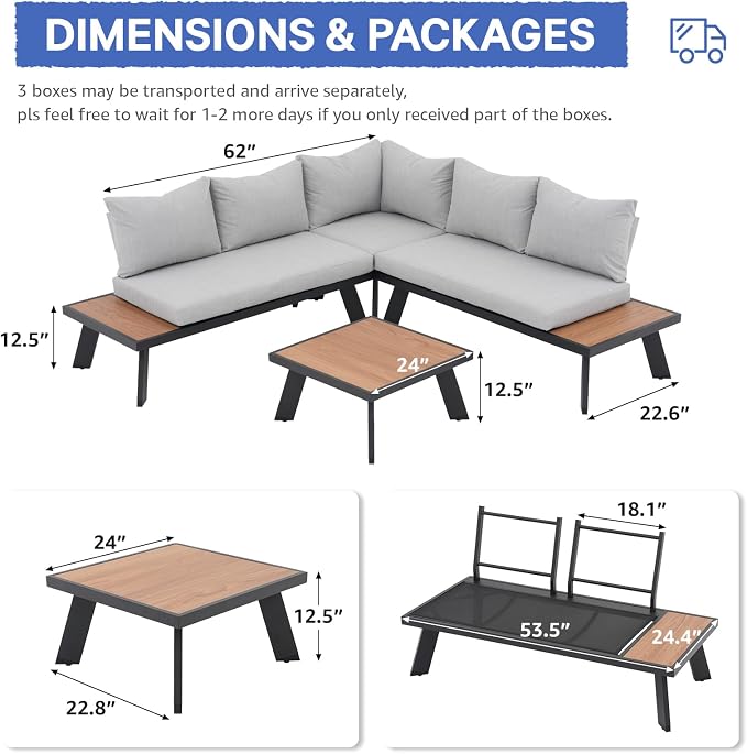 SUNSITT 4-Piece Outdoor Patio Furniture Set L-Shaped Aluminum Sectional Sofa with Faux Wood Grain Top Coffee Table, All-Weather Patio Conversation Set with Cushions, Light Grey