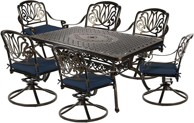 MEETWARM 7-Piece Outdoor Patio Dining Set, All-Weather Cast Aluminum Patio Conversation Set for Backyard Garden Deck with 6 Cushioned Swivel Rocker Chairs, 1 Rectangular Table, Navy Blue