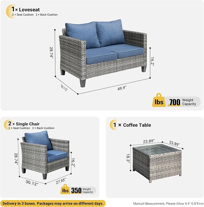 ovios 4 Pieces Patio Furniture Set, Outdoor Wicker Rattan Sofa Couch with Loveseat, Chairs, Glass Coffee Table, Conversation Sets for Yard Porch Garden, Denim Blue